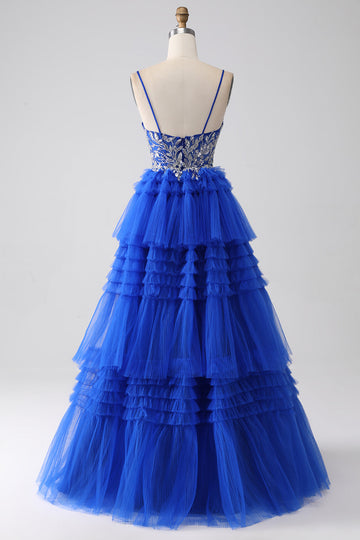 Royal Blue Tiered Balklänning med paljetter